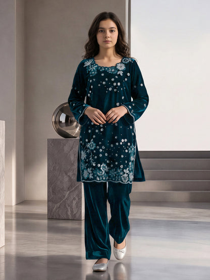 2 Piece Velvet Suit- Embroidered (Pret)