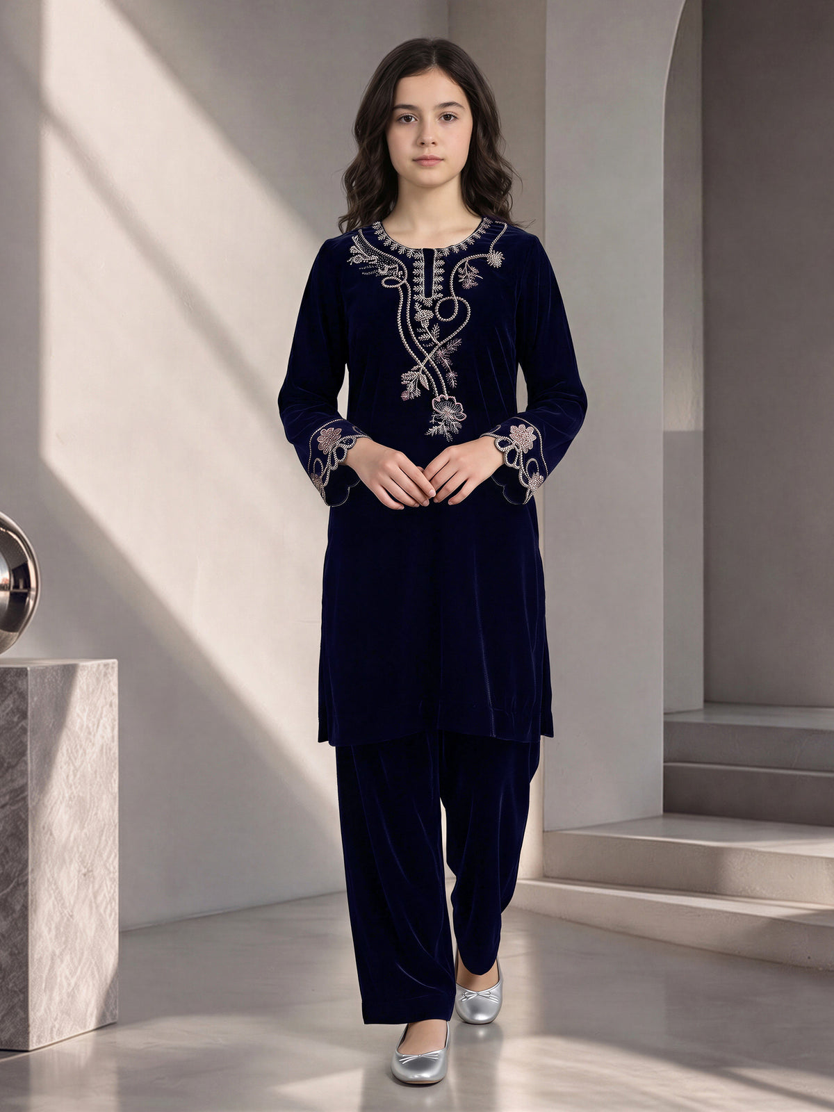 2 Piece Velvet Suit- Embroidered (Pret)