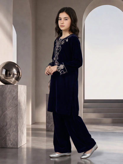 2 Piece Velvet Suit- Embroidered (Pret)