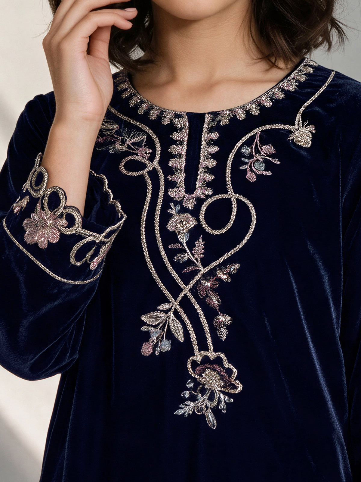 2 Piece Velvet Suit- Embroidered (Pret)