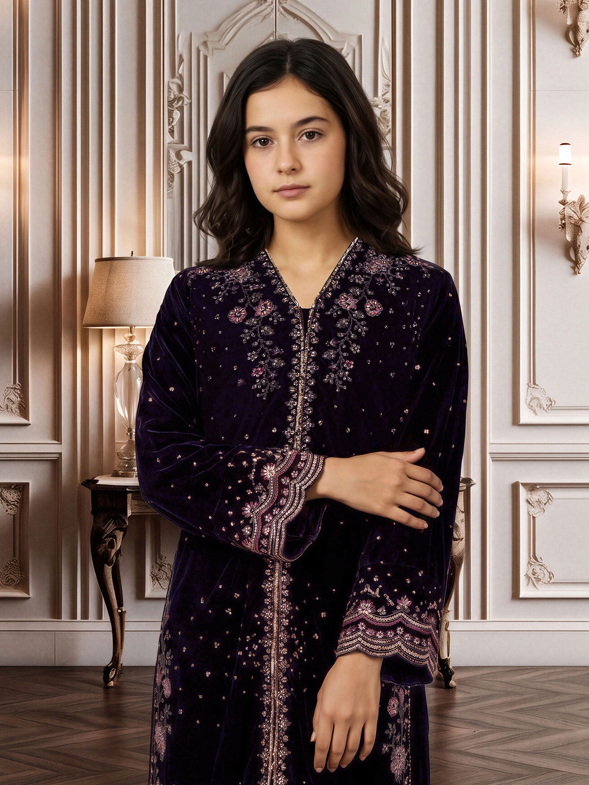 2 Piece Velvet Suit- Embroidered (Pret)