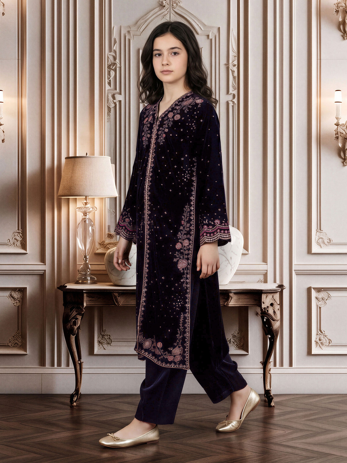 2 Piece Velvet Suit- Embroidered (Pret)