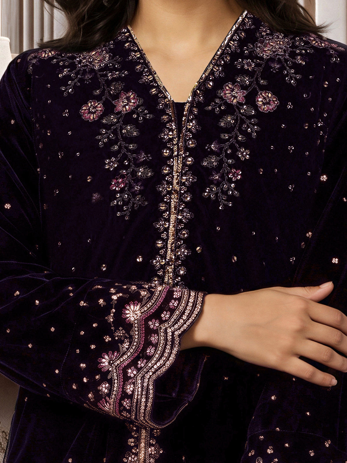 2 Piece Velvet Suit- Embroidered (Pret)