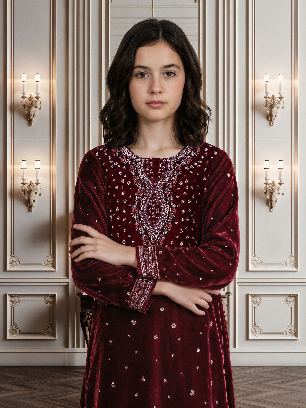 2 Piece Velvet Suit- Embroidered (Pret)
