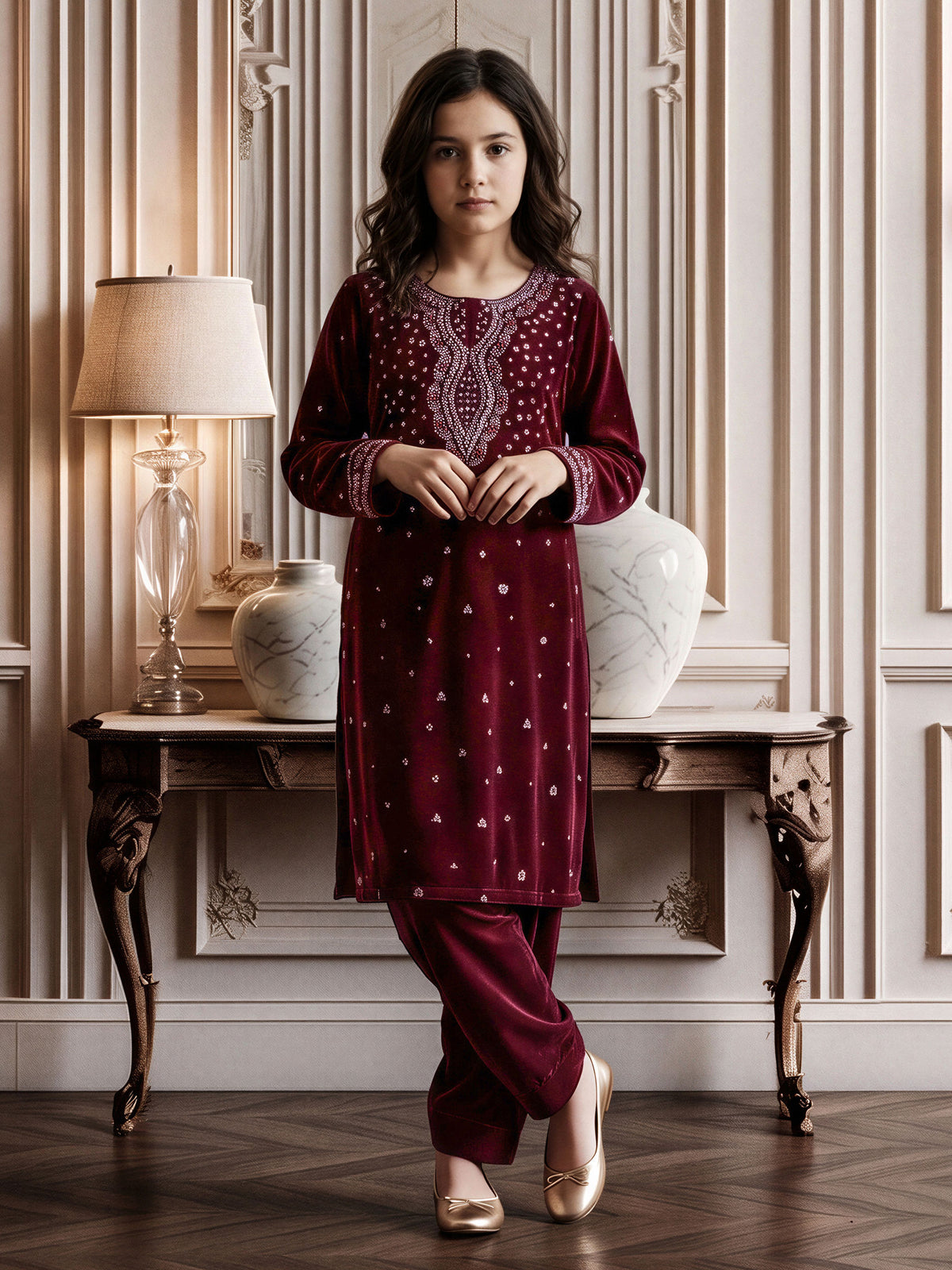 2 Piece Velvet Suit- Embroidered (Pret)