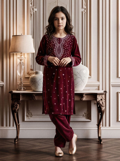 2 Piece Velvet Suit- Embroidered (Pret)