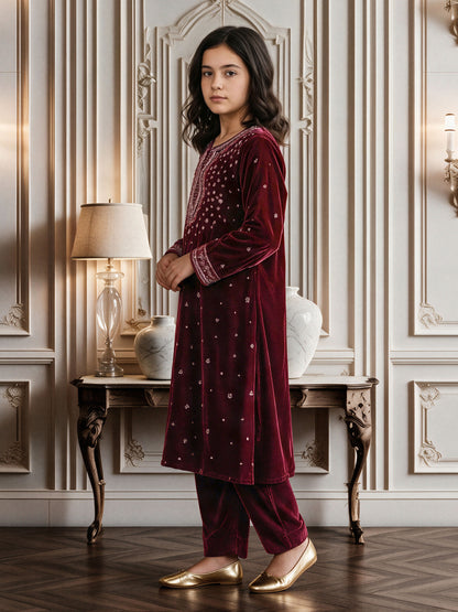2 Piece Velvet Suit- Embroidered (Pret)