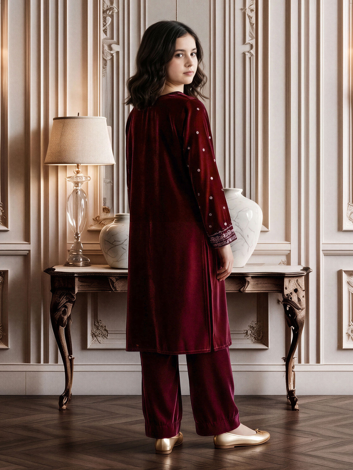 2 Piece Velvet Suit- Embroidered (Pret)