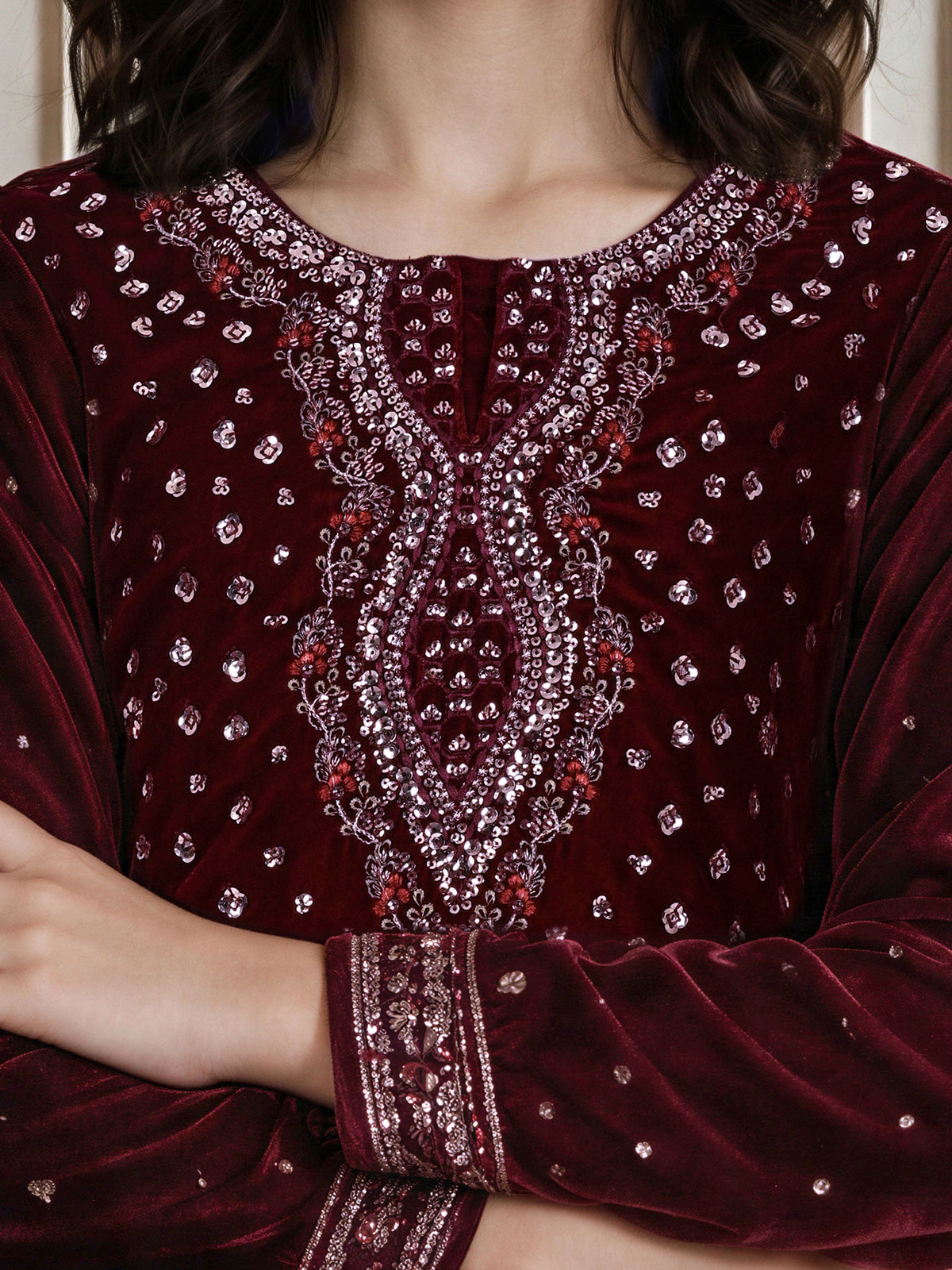 2 Piece Velvet Suit- Embroidered (Pret)