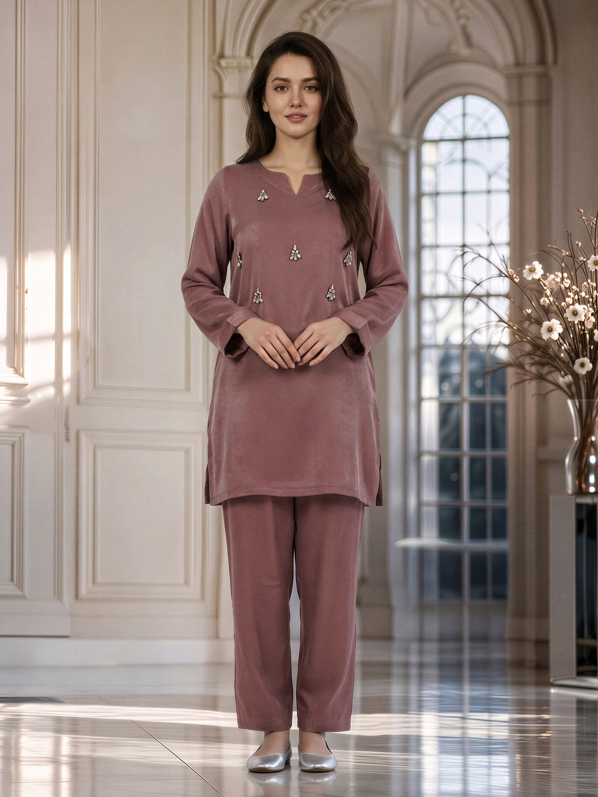 2 Piece Silk Texture Suit- Embellished (Pret)
