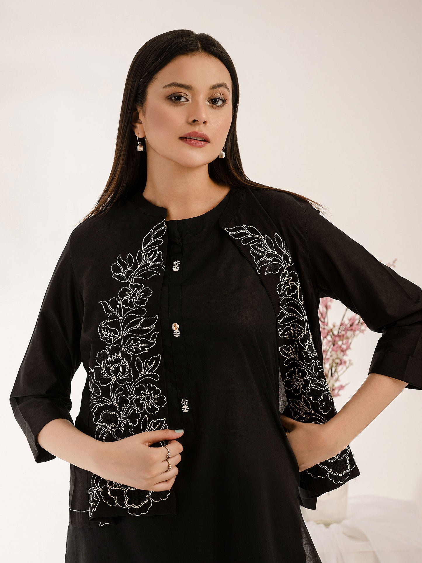 Cambric Shirt With Cardigan - Embroidered (Pret)