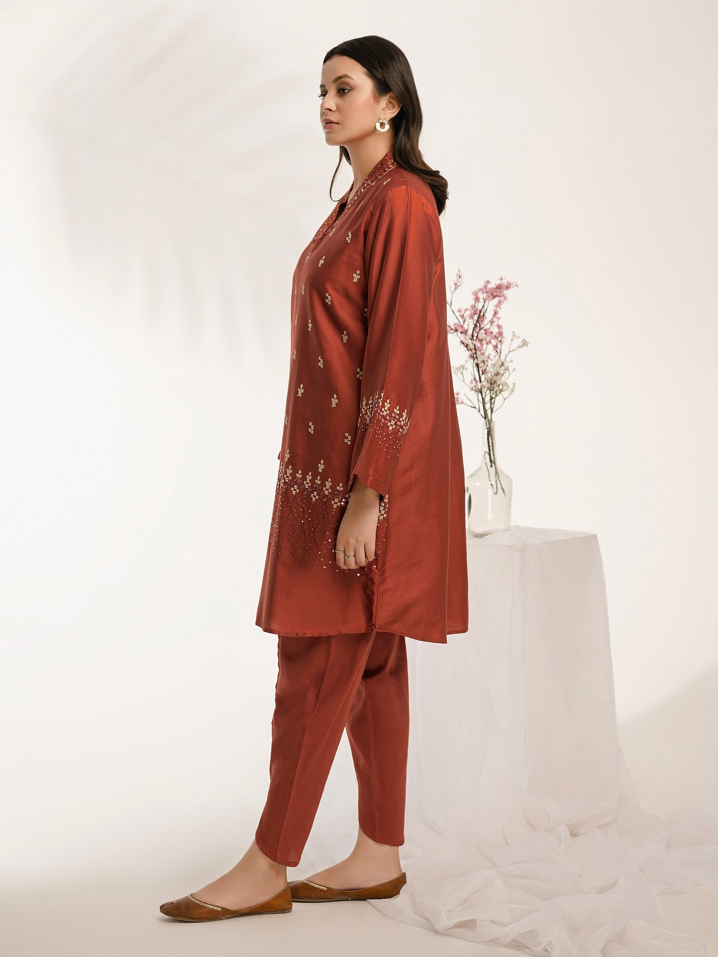 2 Piece Satin Suit-Embroidered (Pret)