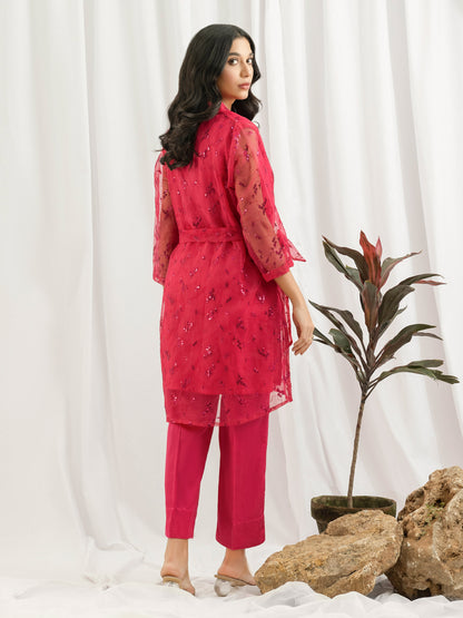 2 Piece Organza Cardigan-Embroidered (Pret)