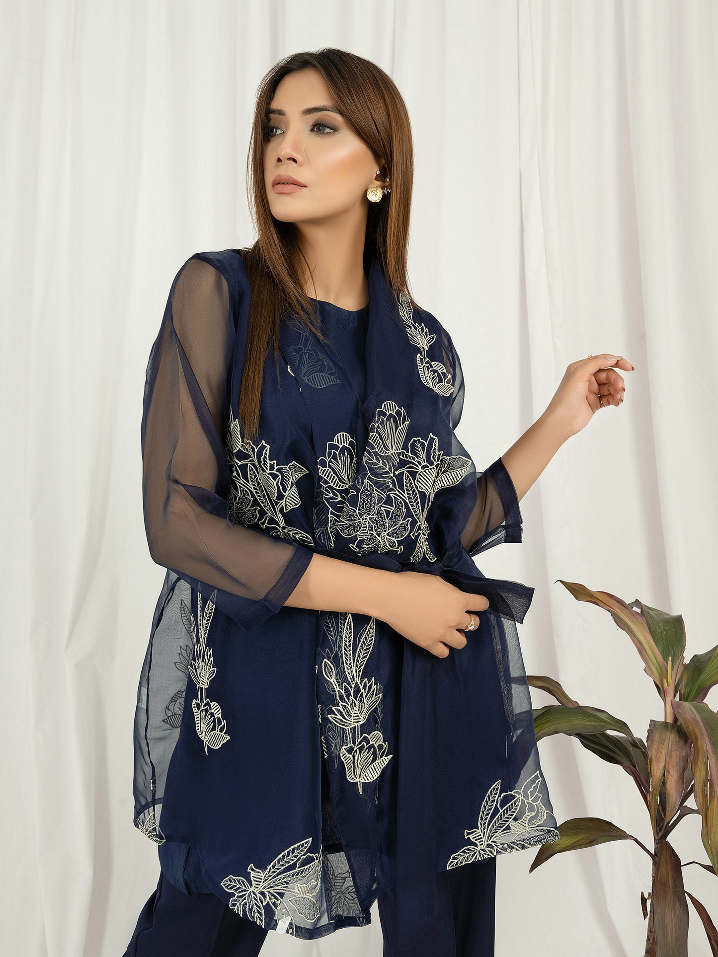 Organza Shirt With Cardigan-Embroidered (Pret)