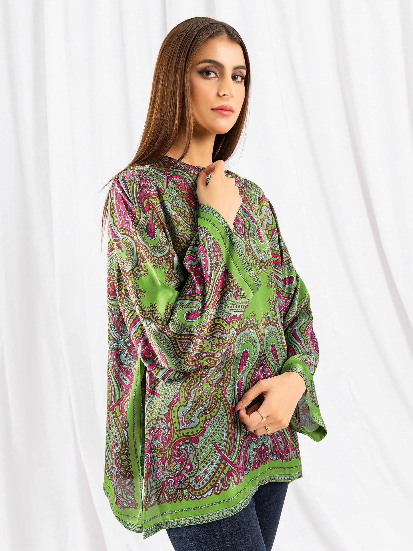 Printed & Embellished Silk Kurti