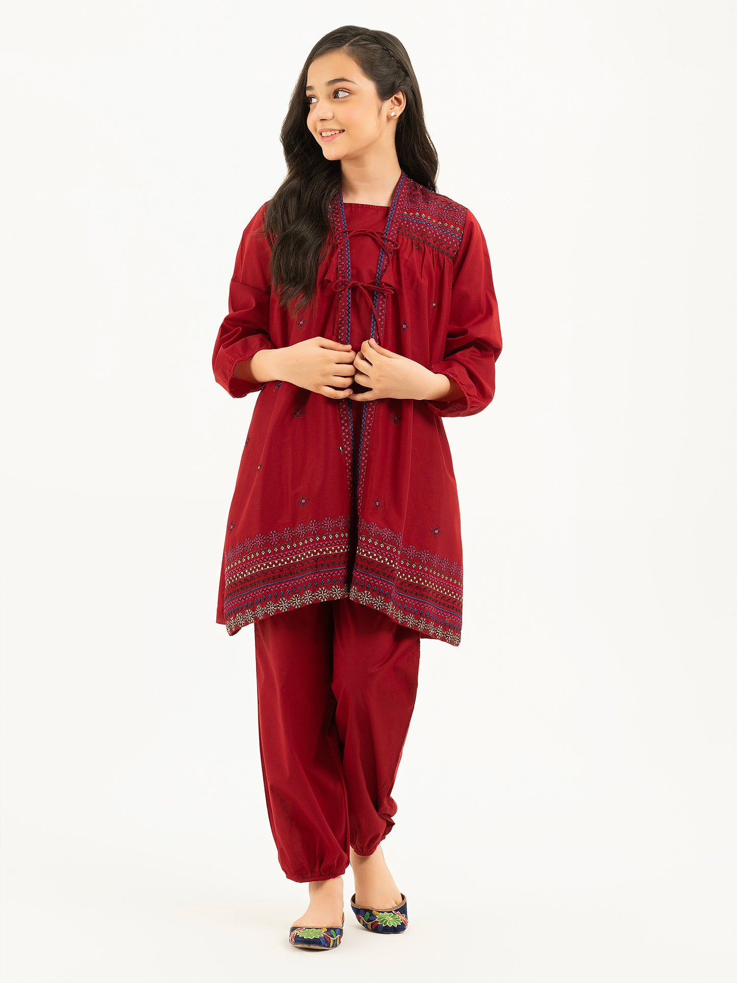 2 Piece Cambric Suit With Cardigan-Embroidered (Pret)