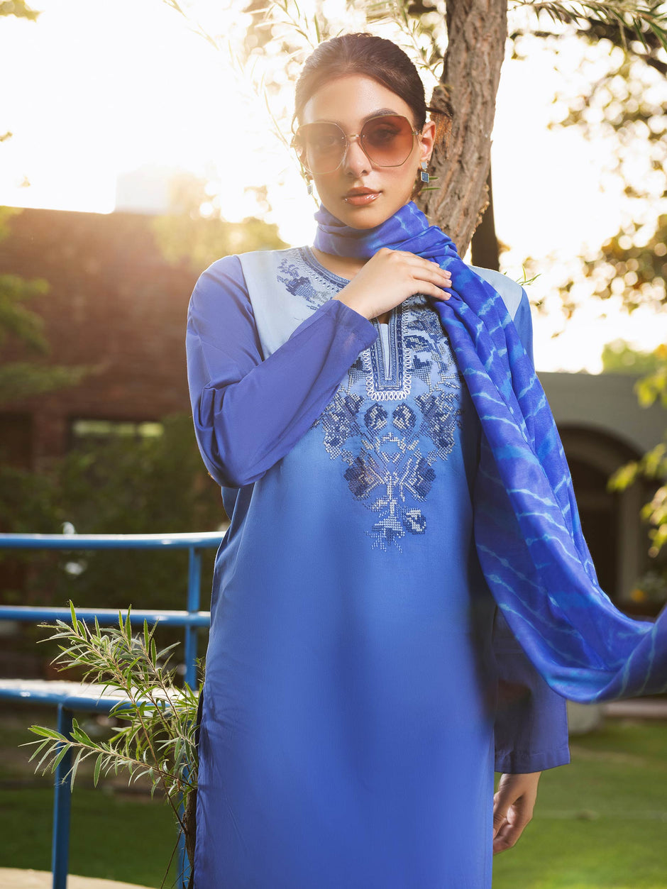 Summer Unstitched 3PCs Embroidered Lawn Dress With Manaar Dupatta   -366