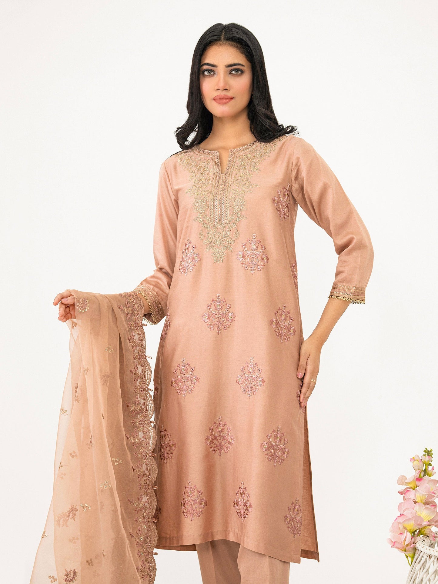 3 Piece Satin Suit-Embroidered (Pret)