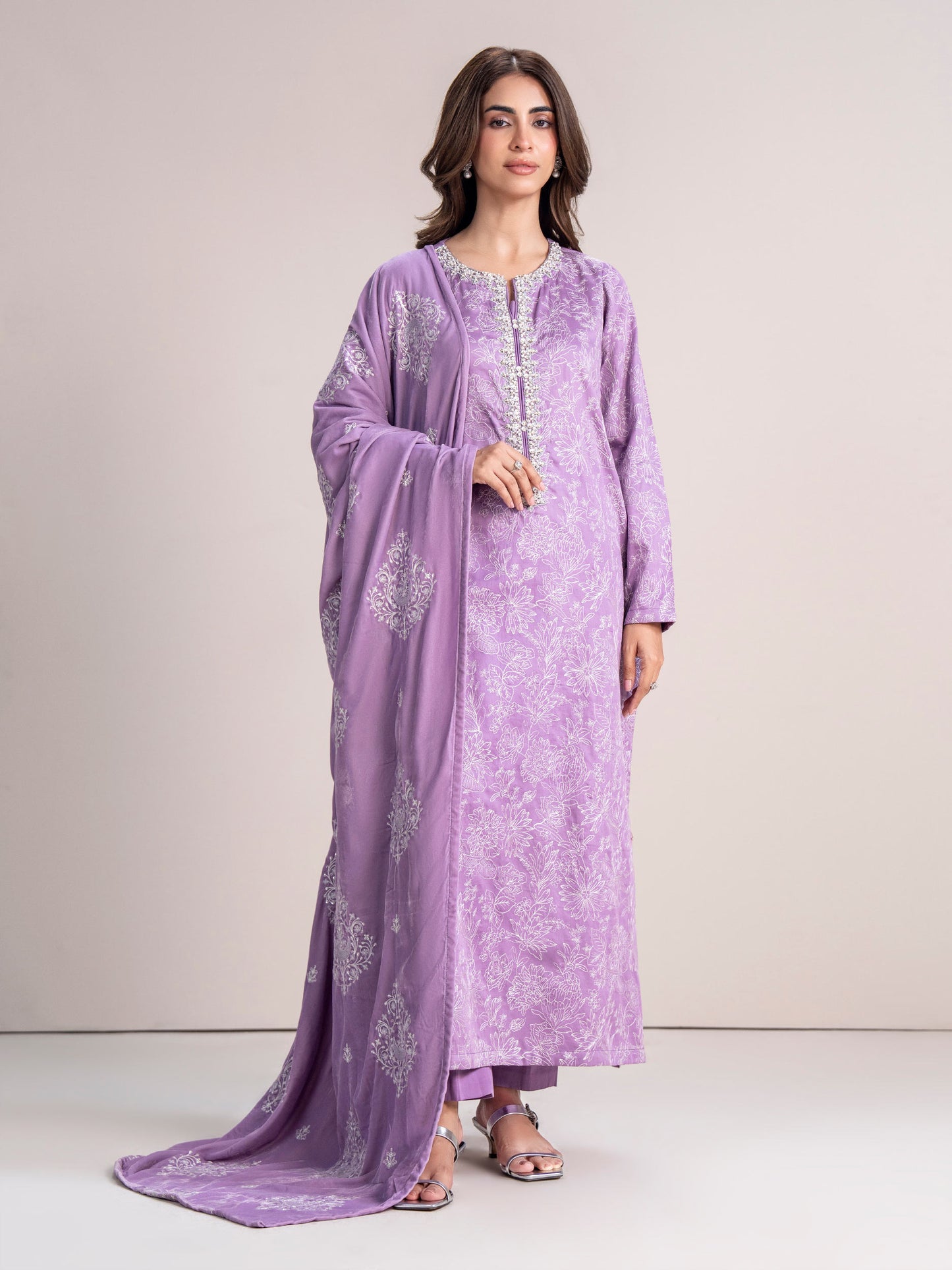 3 Piece Satin Suit- Embroidered (Pret)