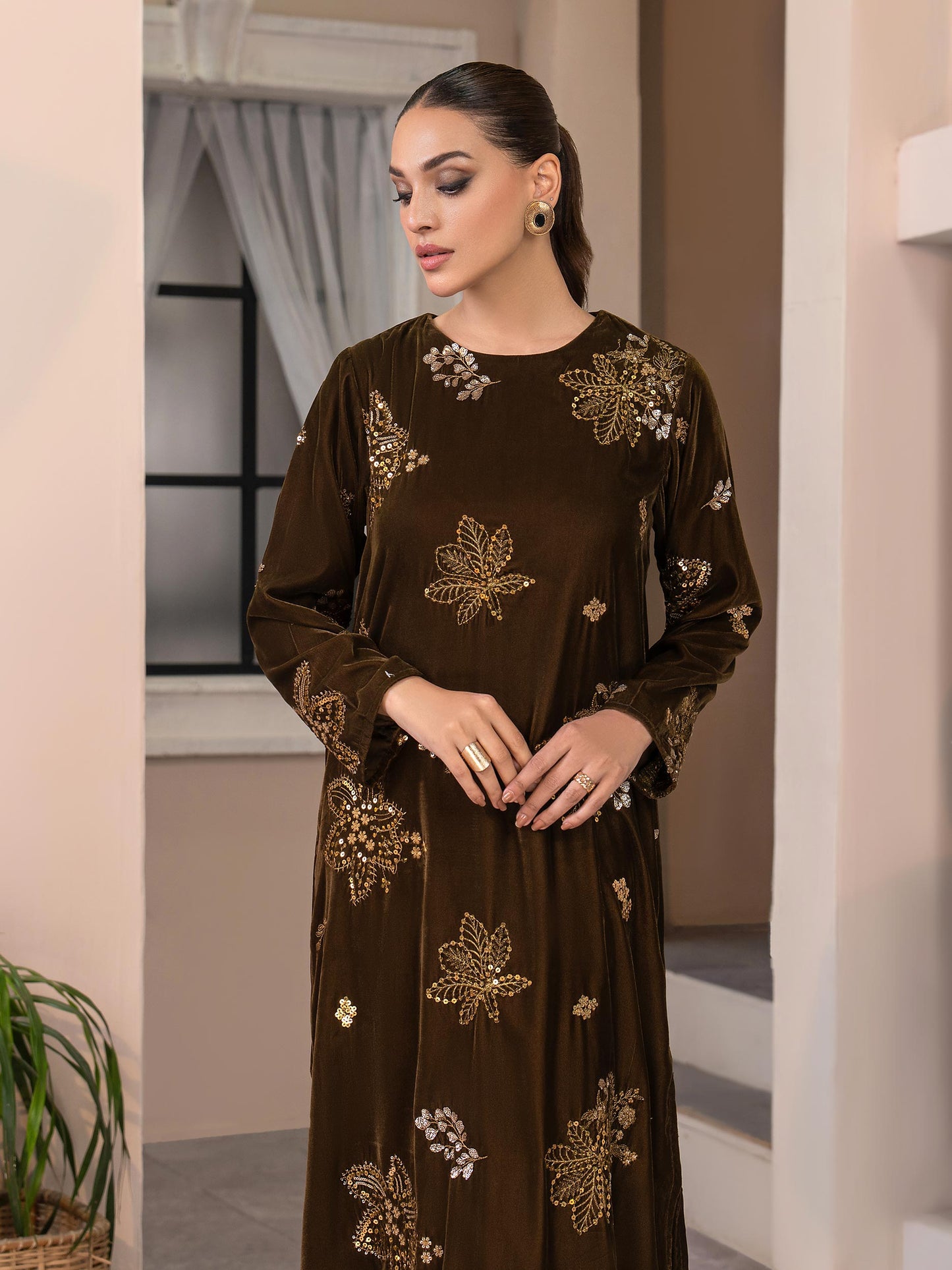 2 Piece Velvet Suit-Embroidered (Pret)
