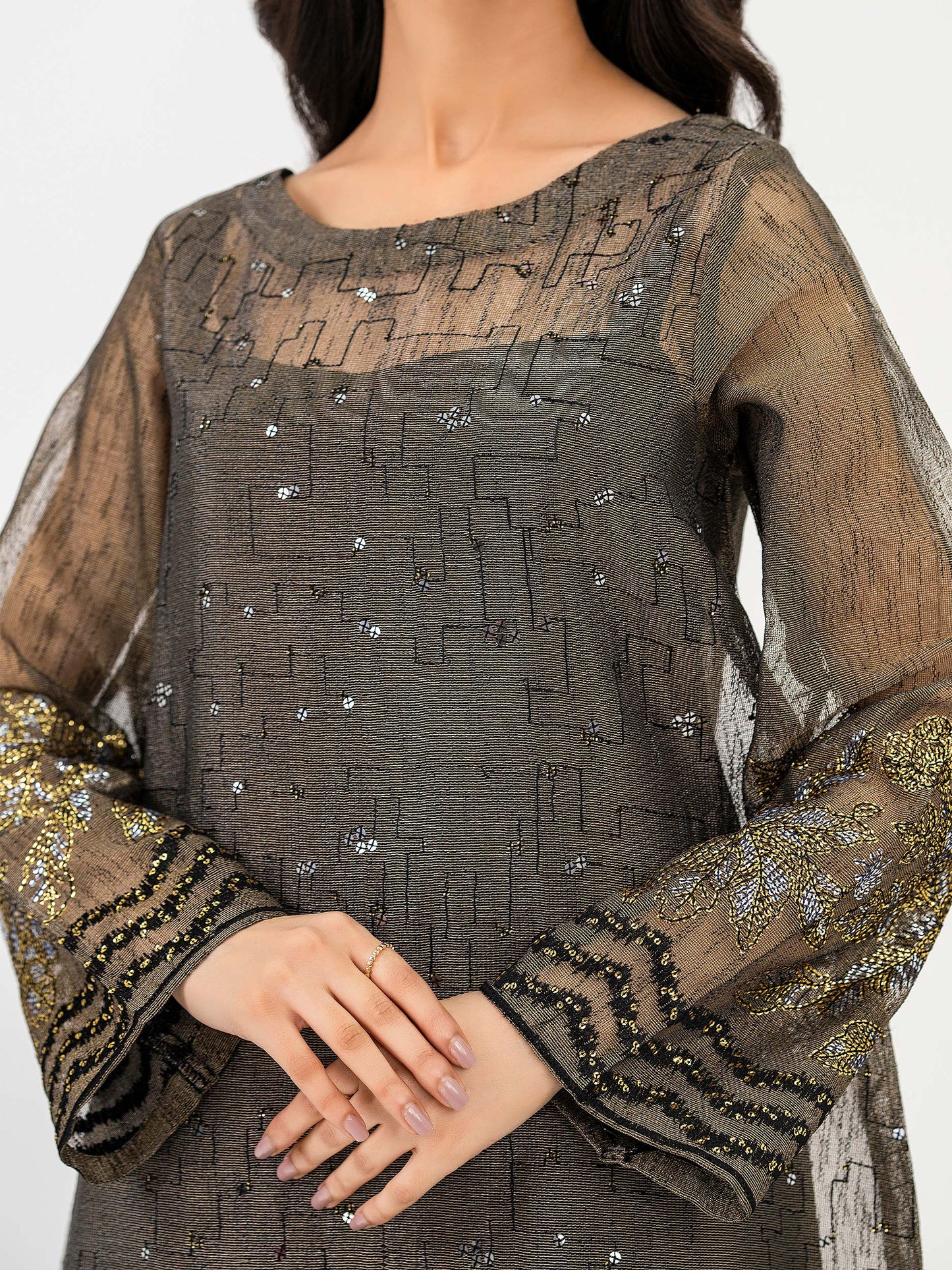 Net Shirt With Slip-Embroidered (Pret)