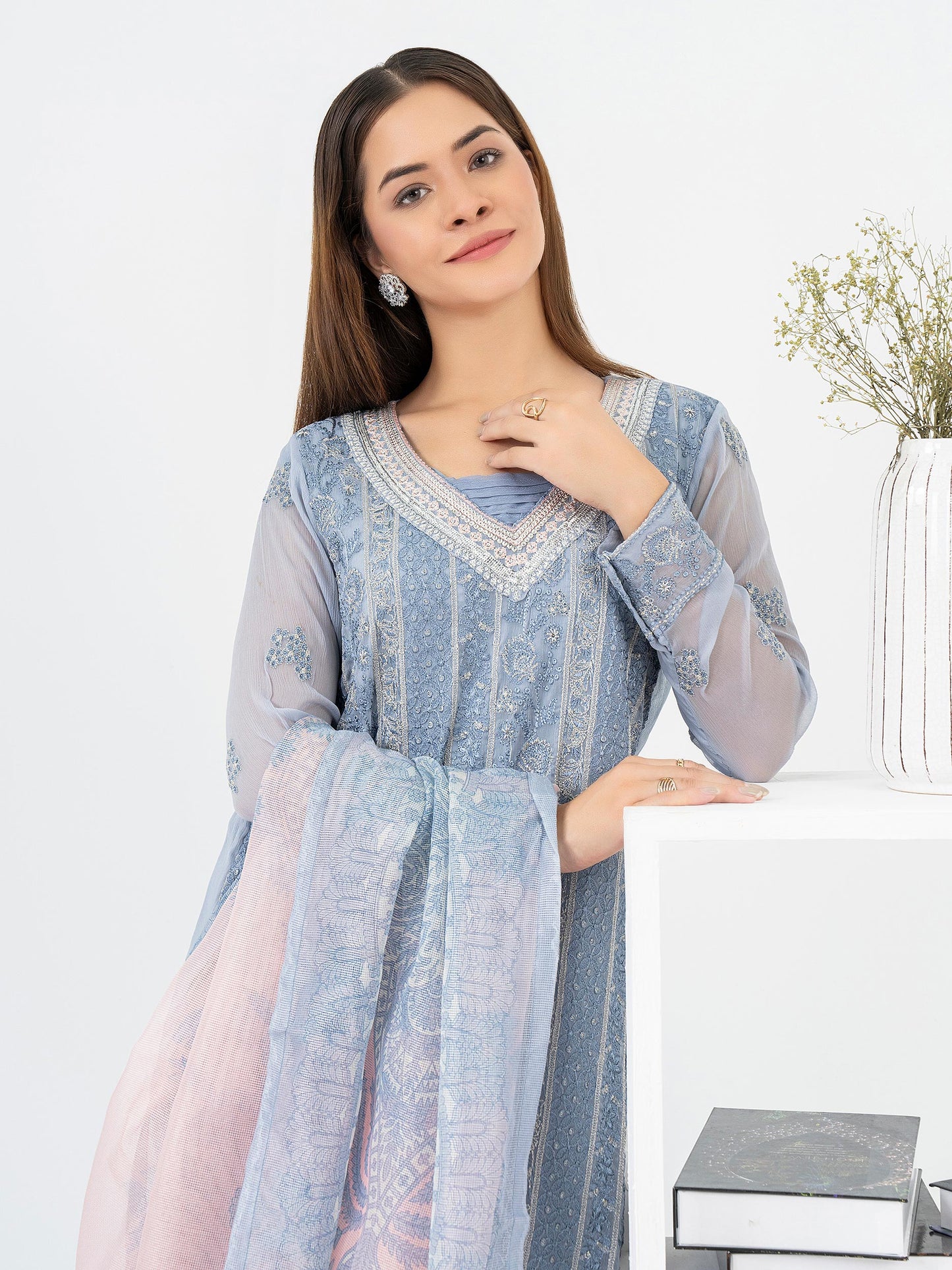 3 Piece Chiffon Suit-Embroidered (Pret)