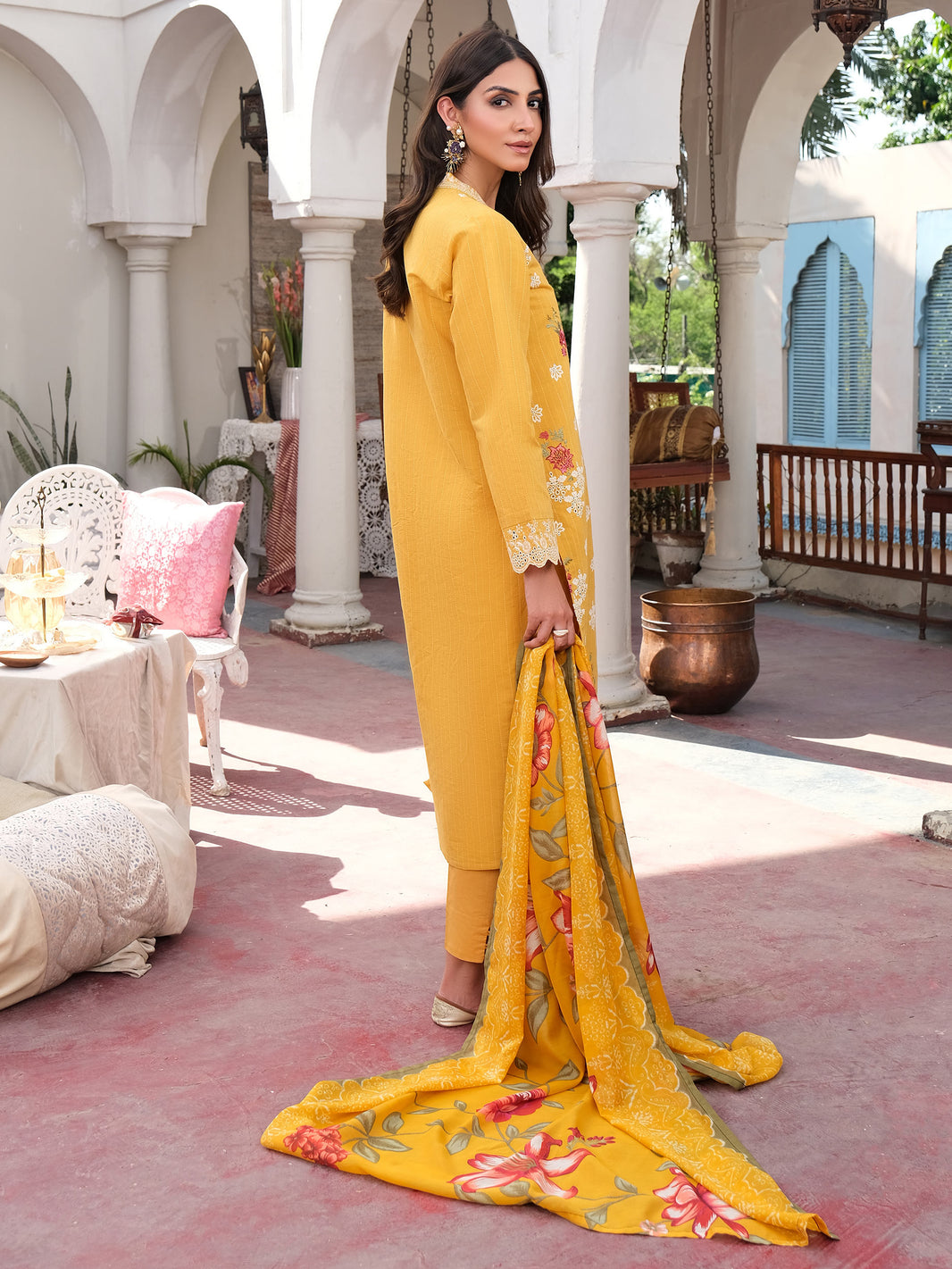 Embroidered Linen Blend Unstitched Suit With Pant & Dupatta main image 0