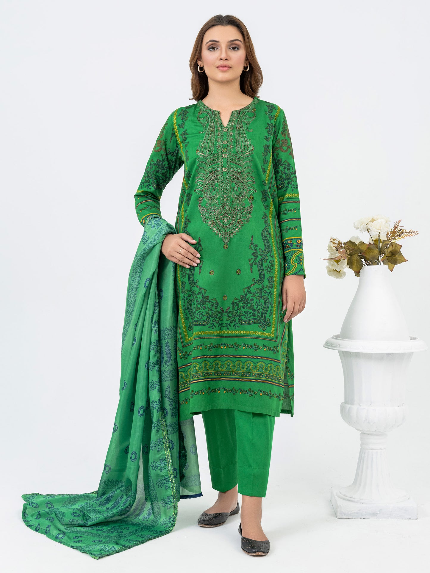 3 Piece Satin Suit-Embroidered(Pret)