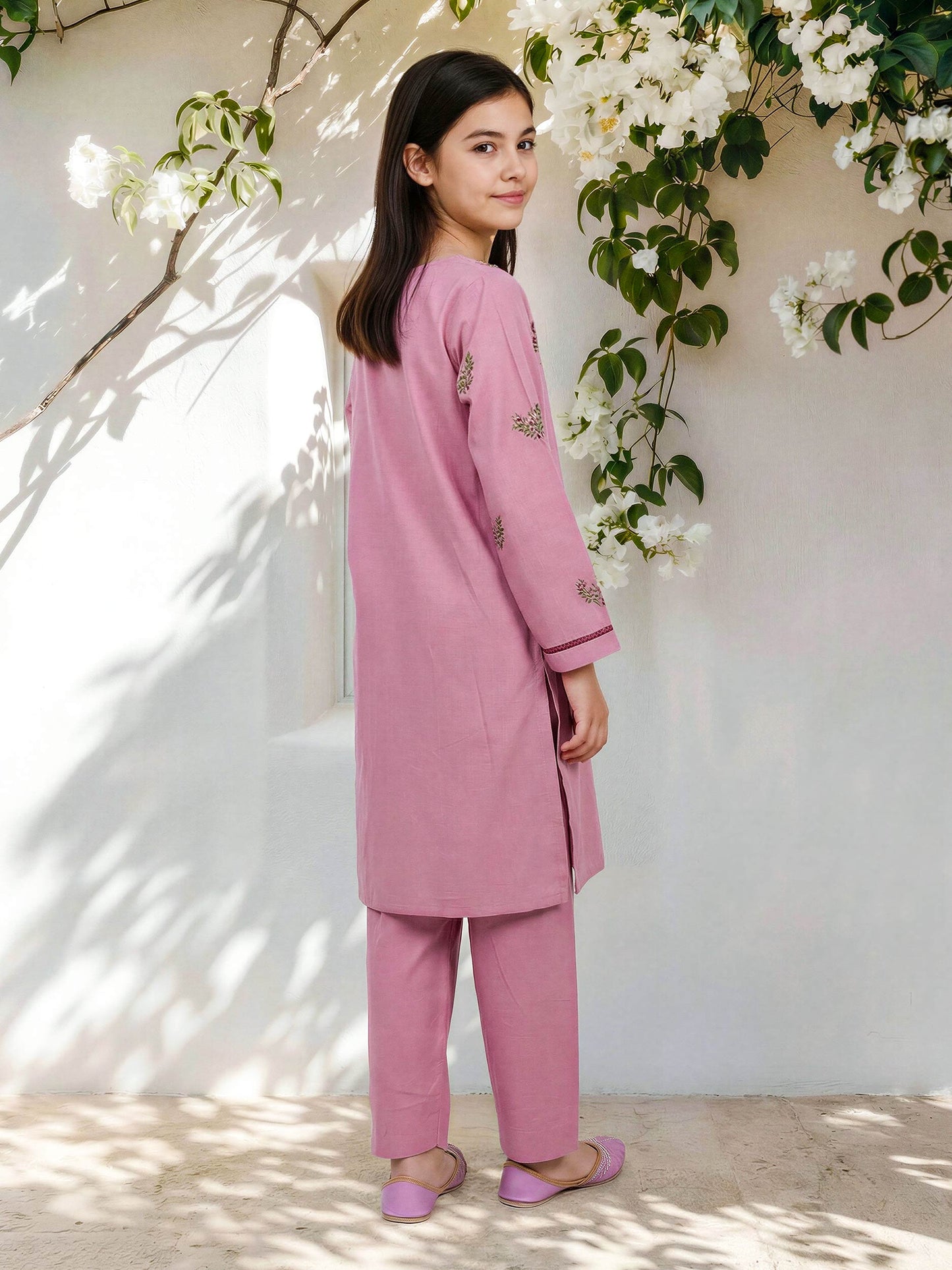 2 Piece Cambric Slub Suit- Embroidered (Pret)
