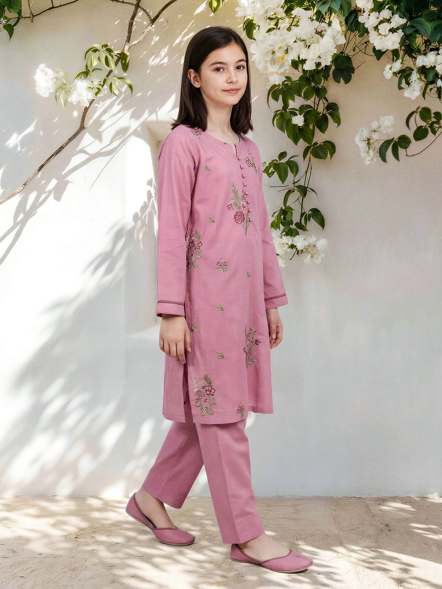 2 Piece Cambric Slub Suit- Embroidered (Pret)
