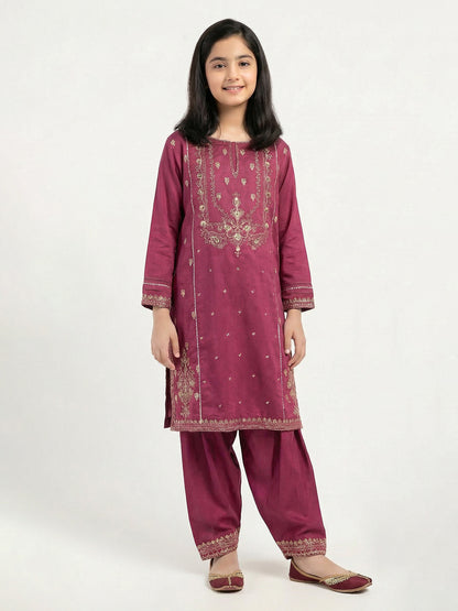 2 Piece Raw Silk Suit- Embroidered (Pret)