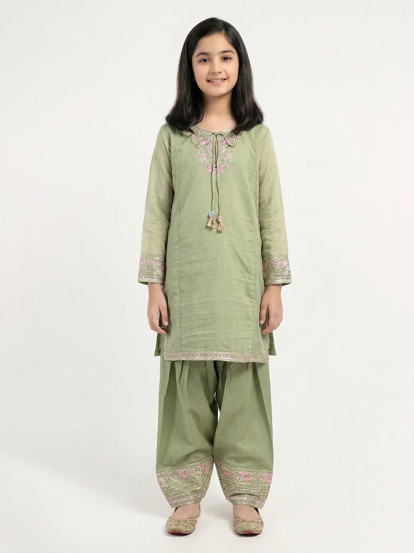 2 Piece Zari Cotton Net Suit- Embroidered (Pret)