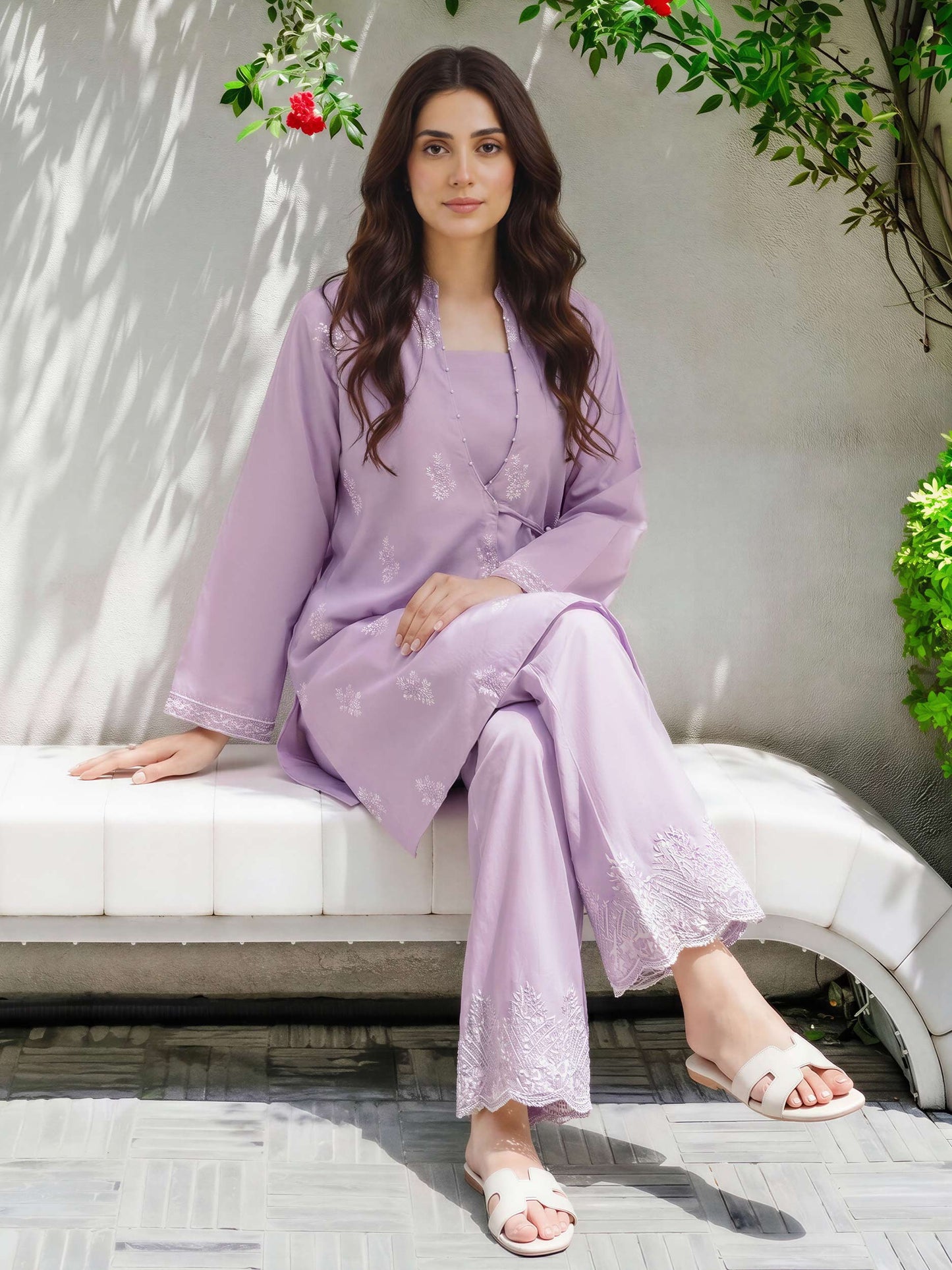 2 Piece Cambric Slub Suit- Embroidered (Pret)