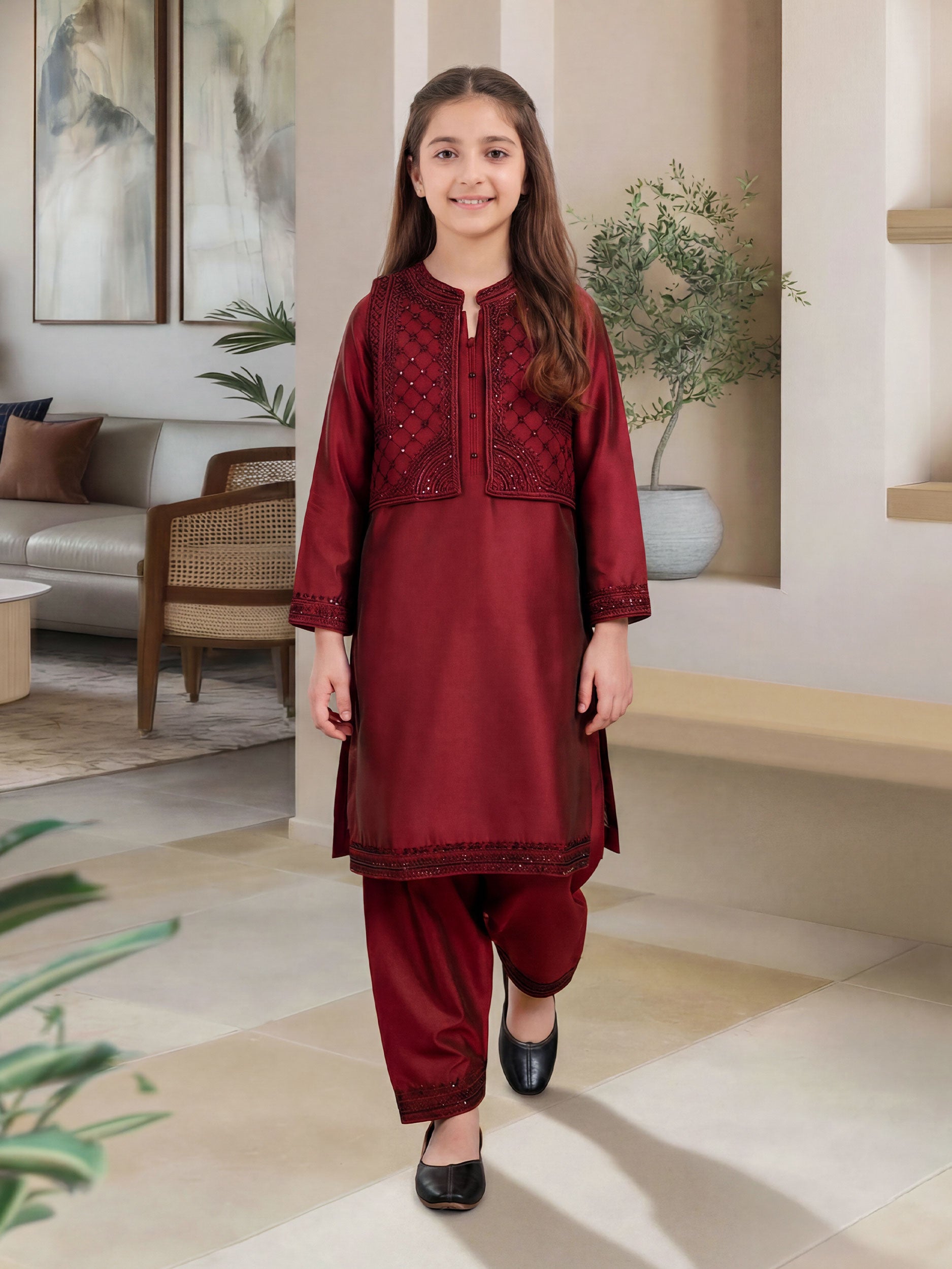 2 Piece Raw Silk Suit- Embroidered (Pret)