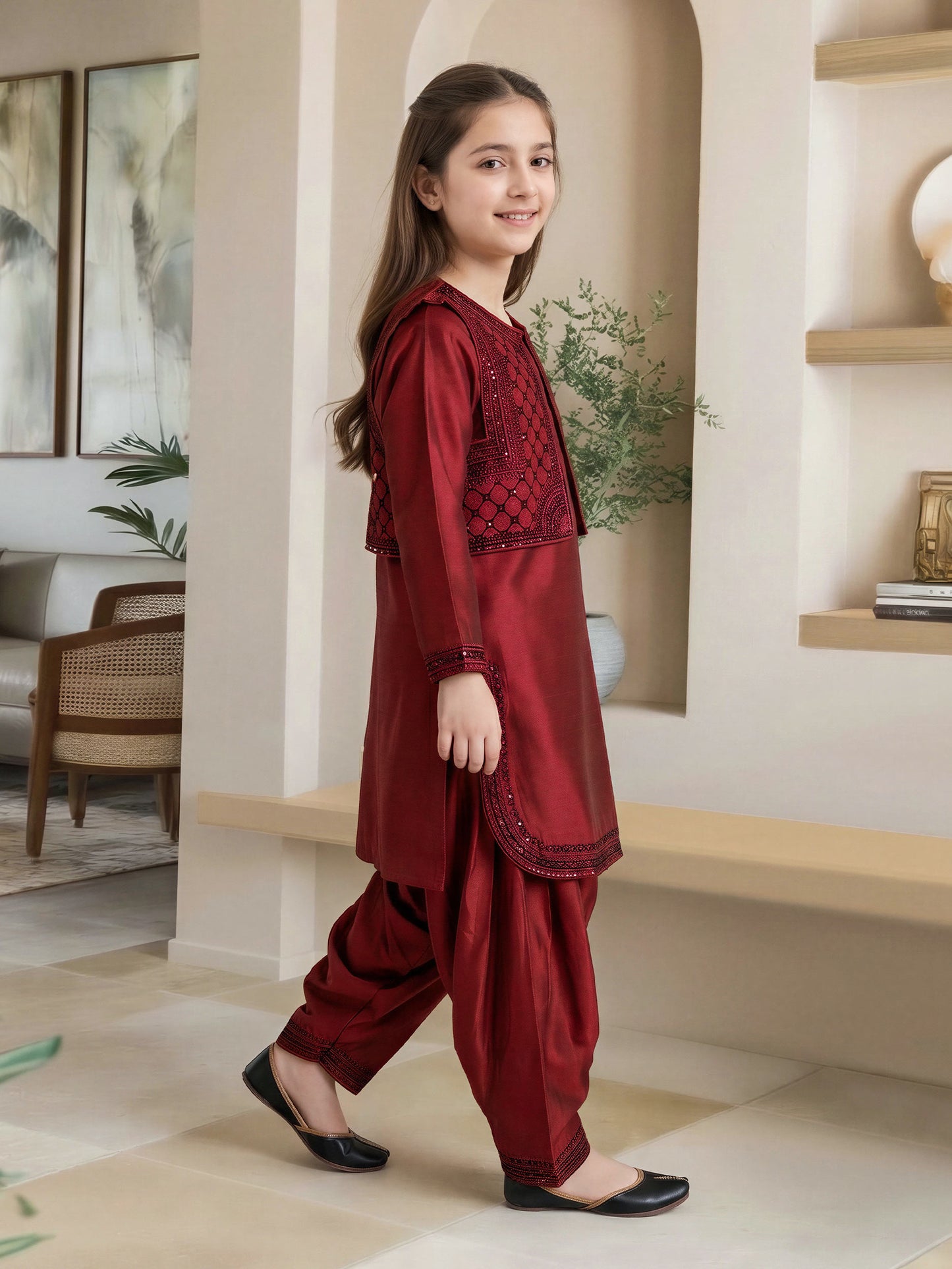 2 Piece Raw Silk Suit- Embroidered (Pret)