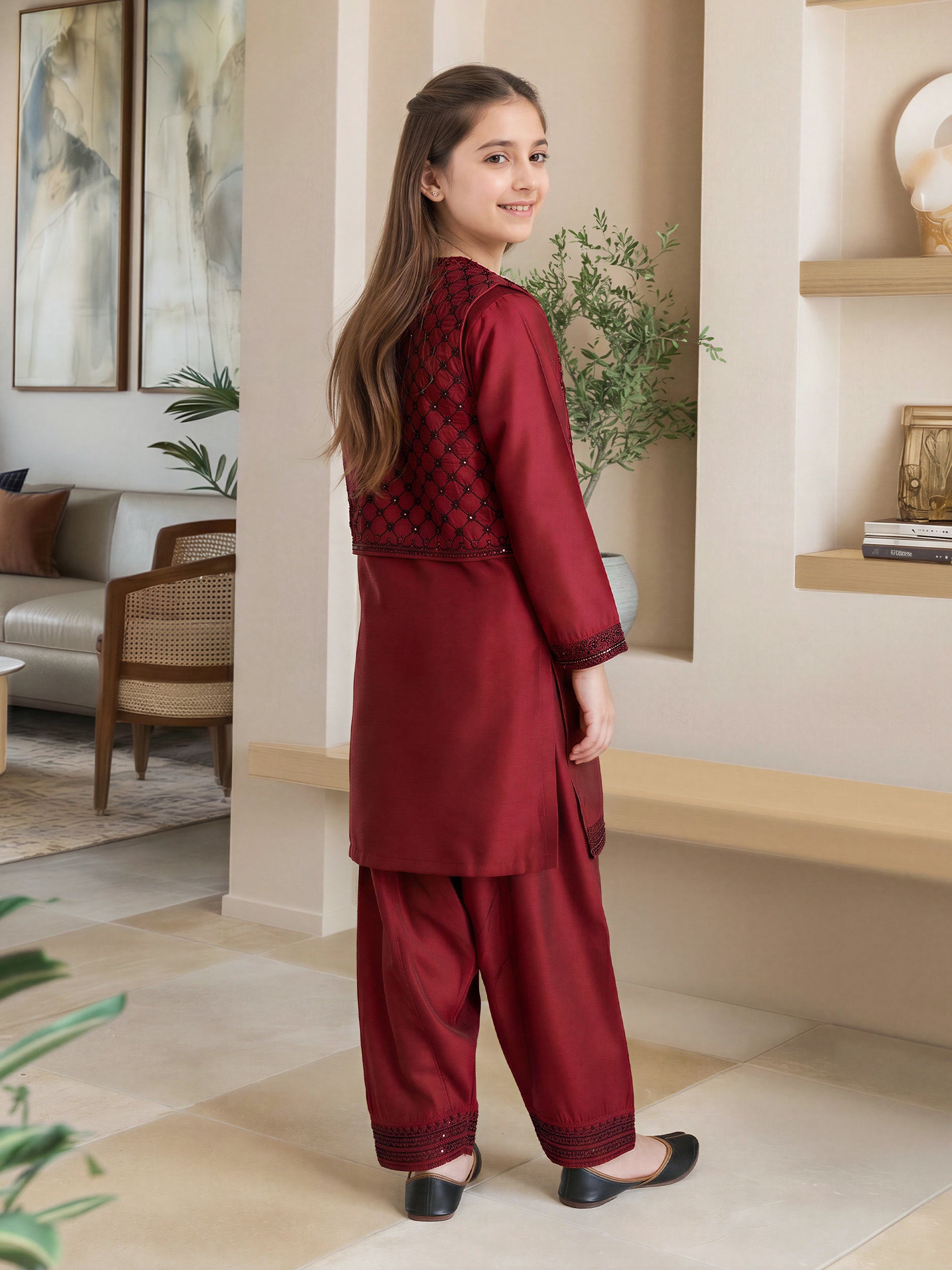 2 Piece Raw Silk Suit- Embroidered (Pret)