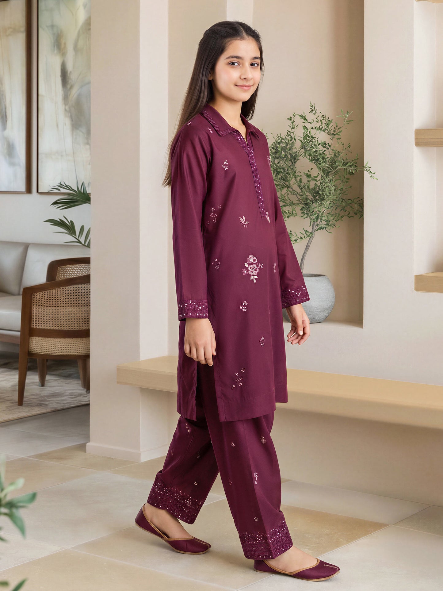 2 Piece Raw Silk Suit- Embroidered (Pret)
