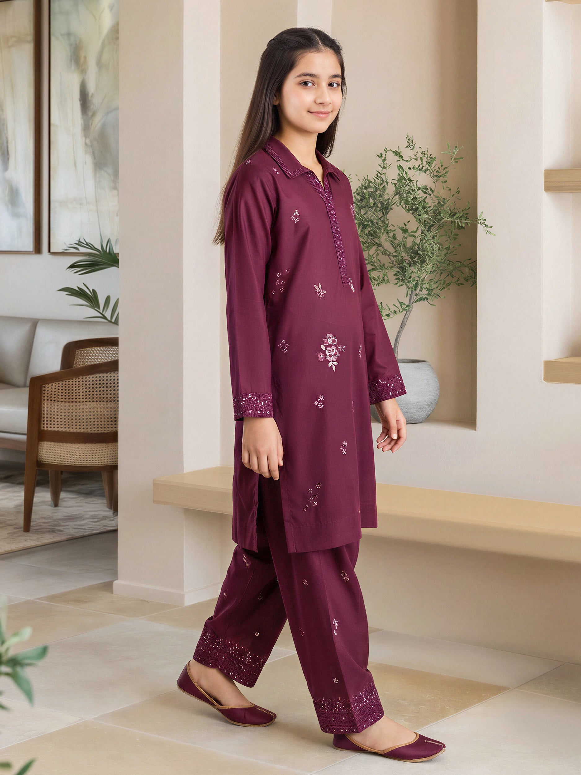 2 Piece Raw Silk Suit- Embroidered (Pret)