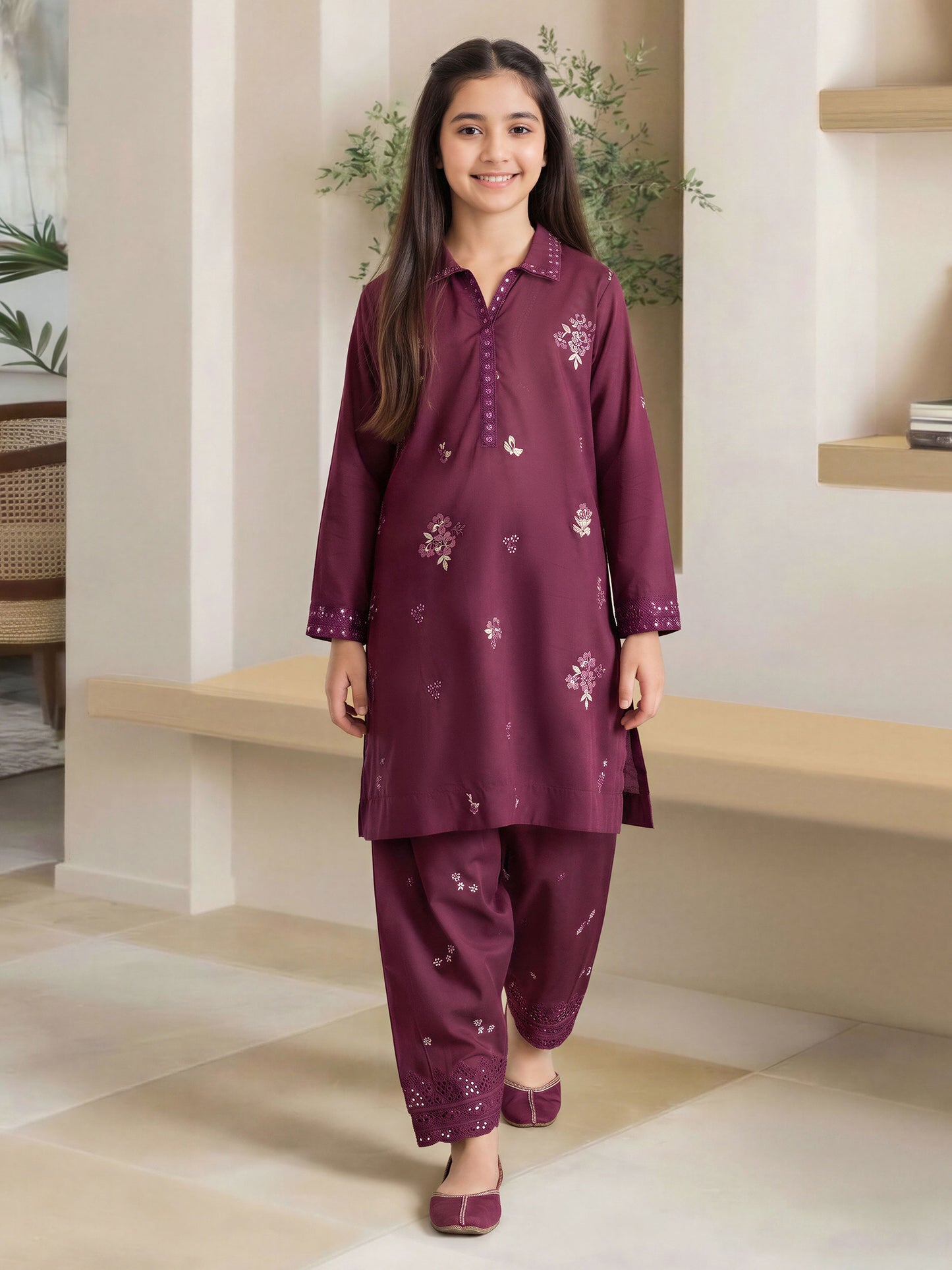 2 Piece Raw Silk Suit- Embroidered (Pret)