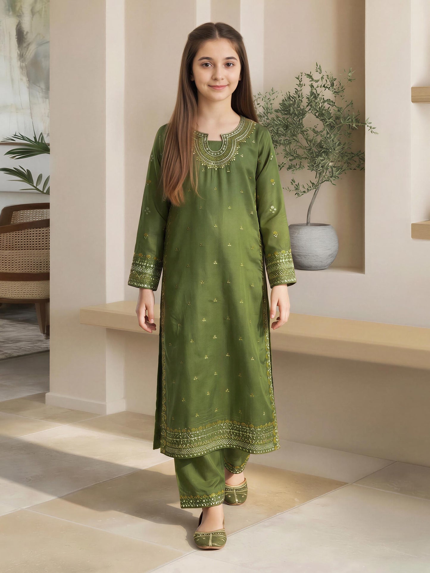 2 Piece Raw Silk Suit- Embroidered (Pret)