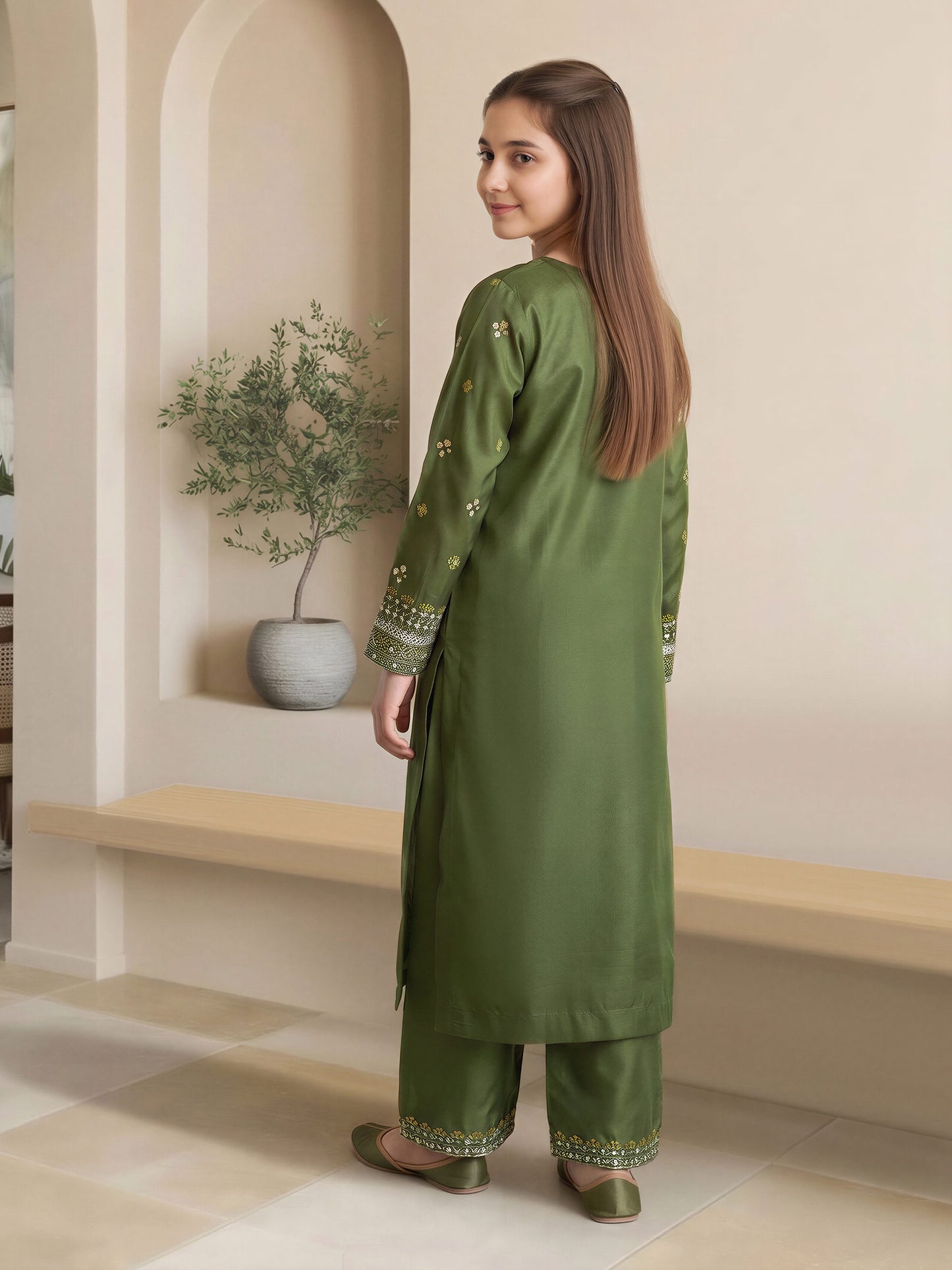 2 Piece Raw Silk Suit- Embroidered (Pret)