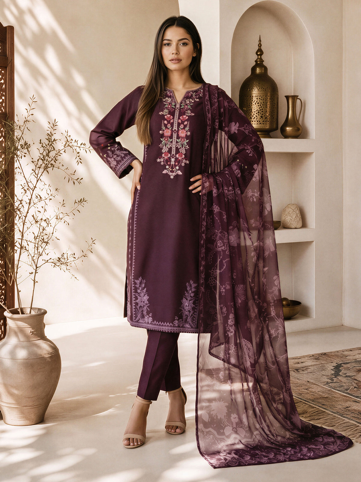3 Piece Silk Suit- Embroidered (Pret)