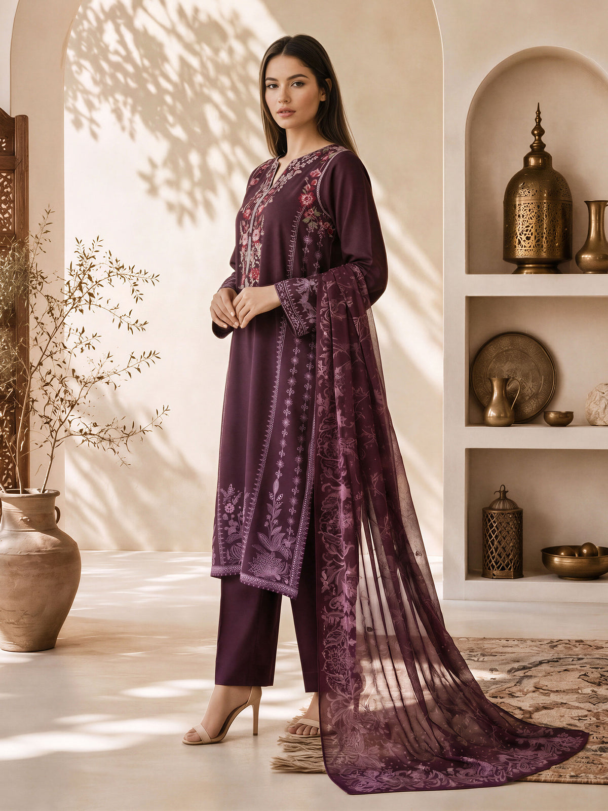 3 Piece Silk Suit- Embroidered (Pret)