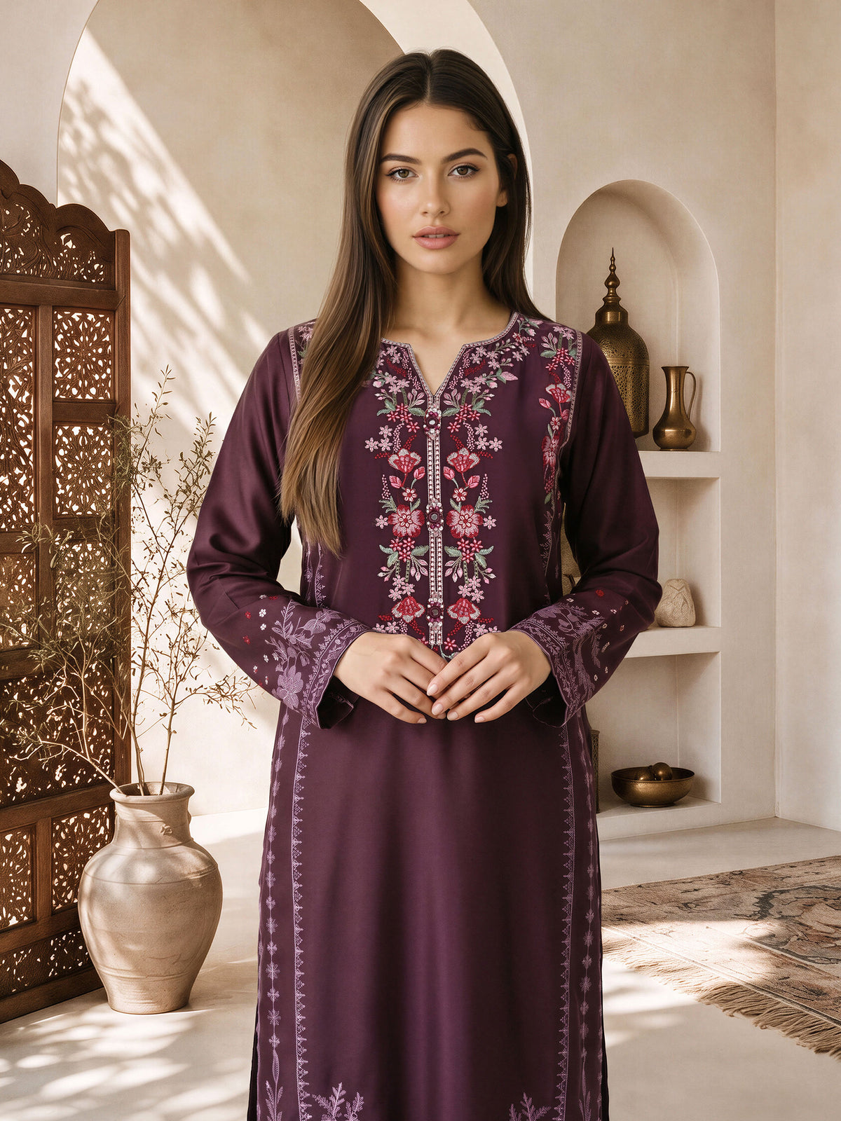 3 Piece Silk Suit- Embroidered (Pret)