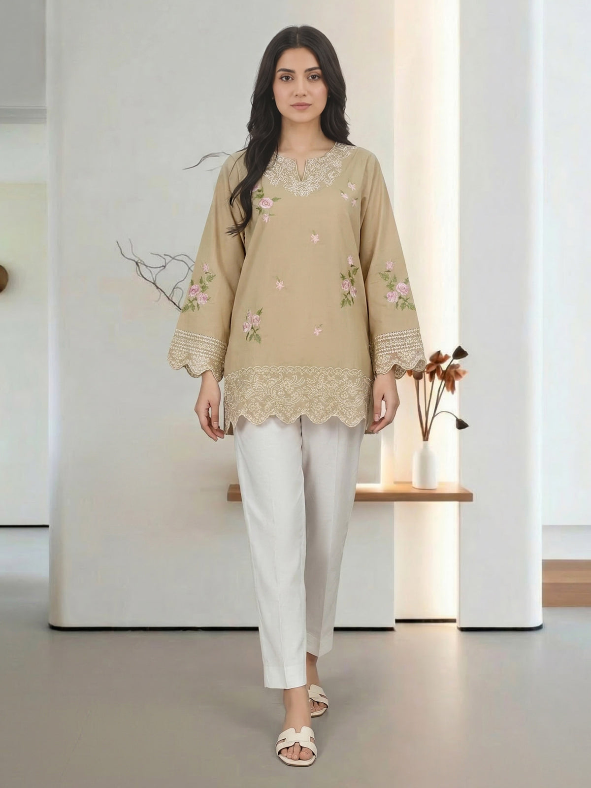 Cambric Kurti- Embroidered (Pret)