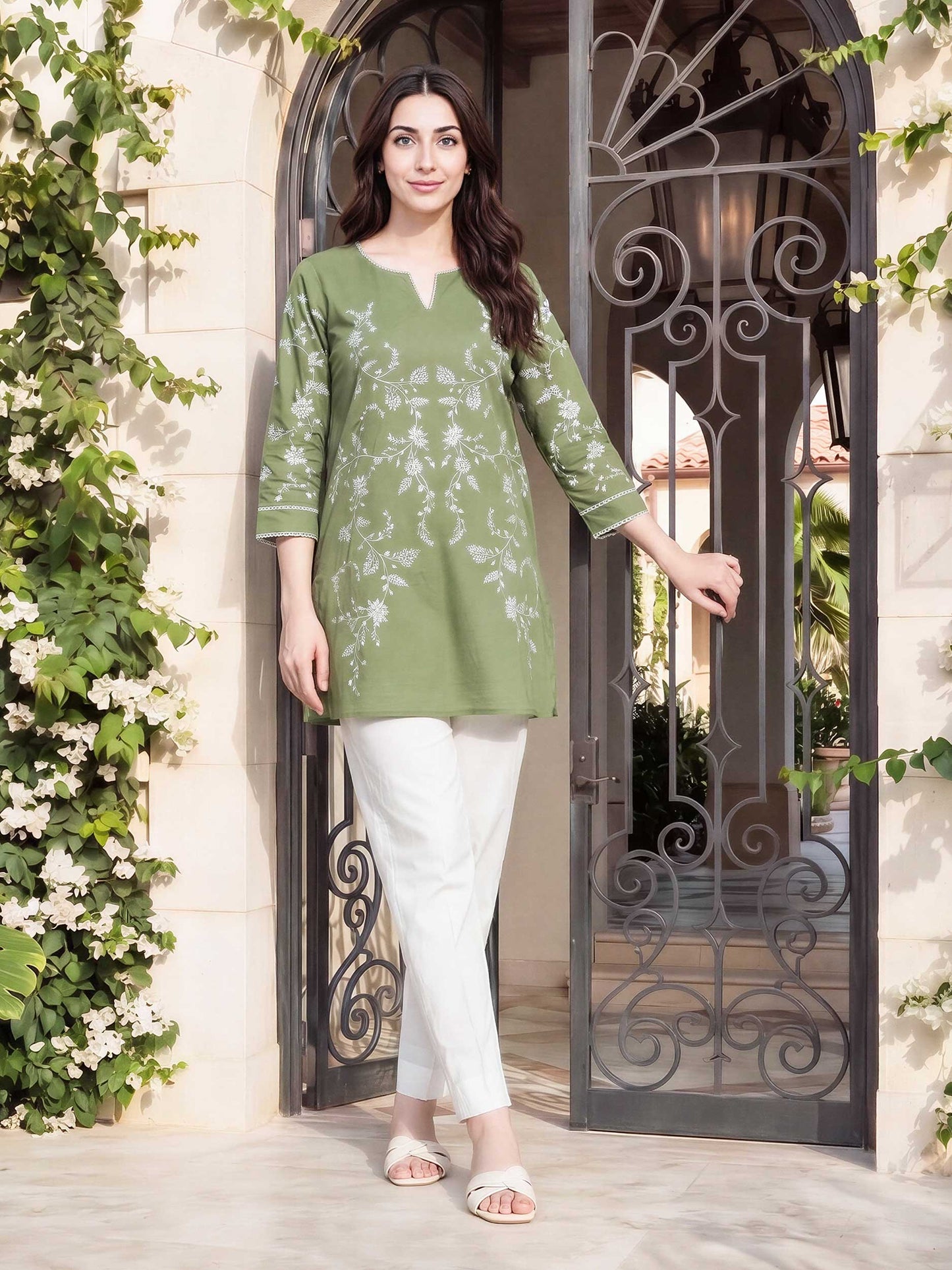 Cambric Kurti- Embroidered (Pret)