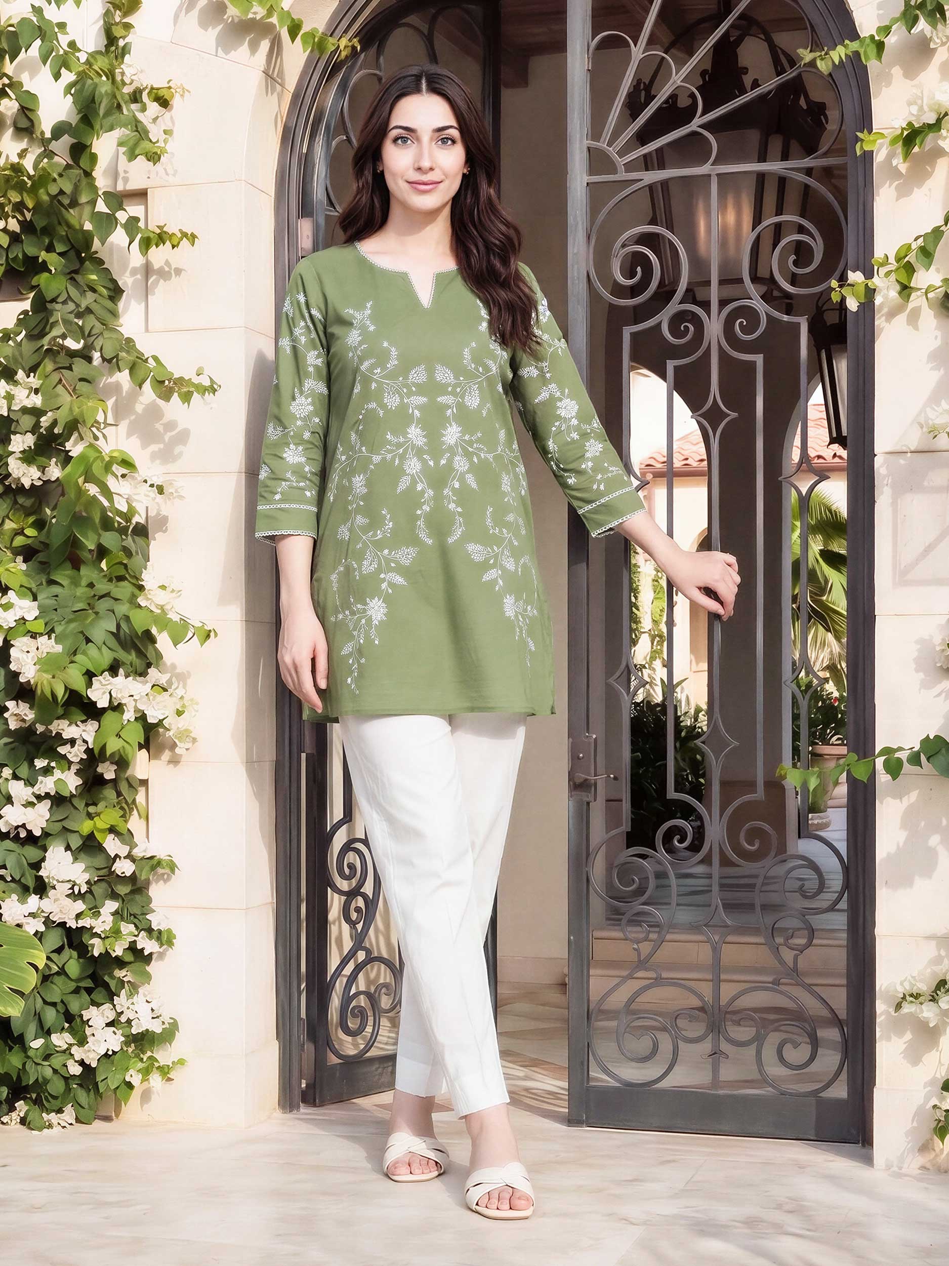 Cambric Kurti- Embroidered (Pret)