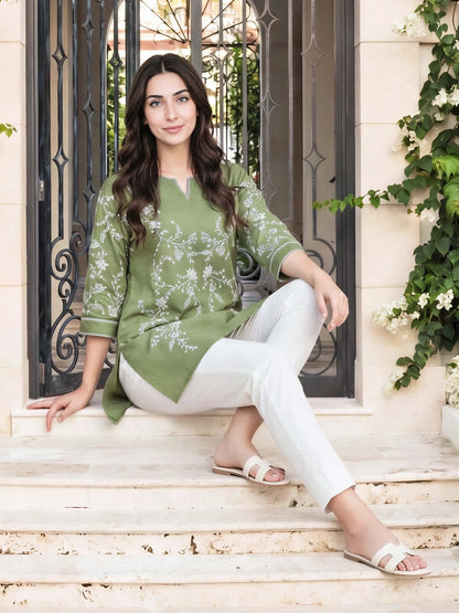 Cambric Kurti- Embroidered (Pret)