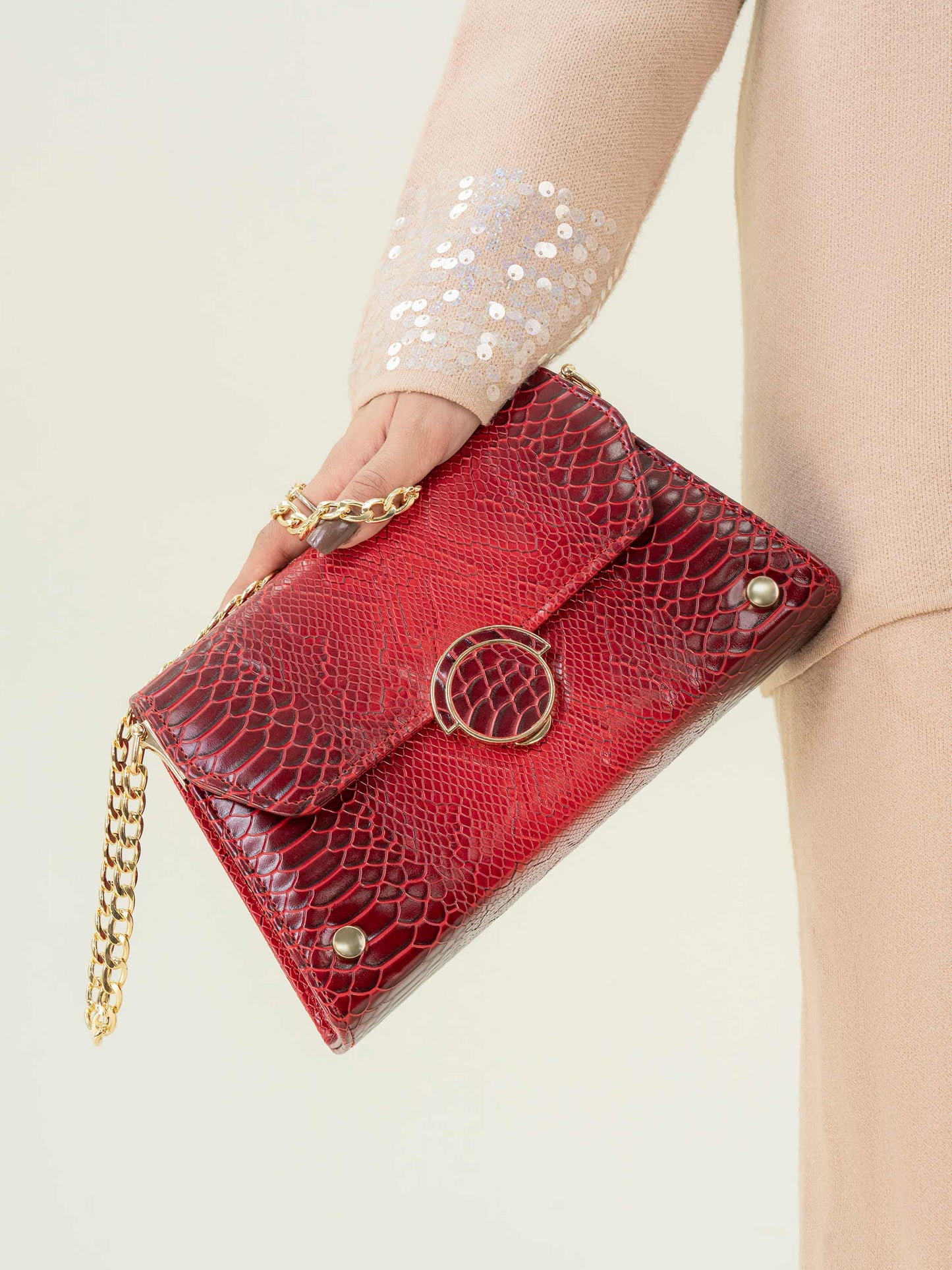 Snake Textured Baguette Handbag