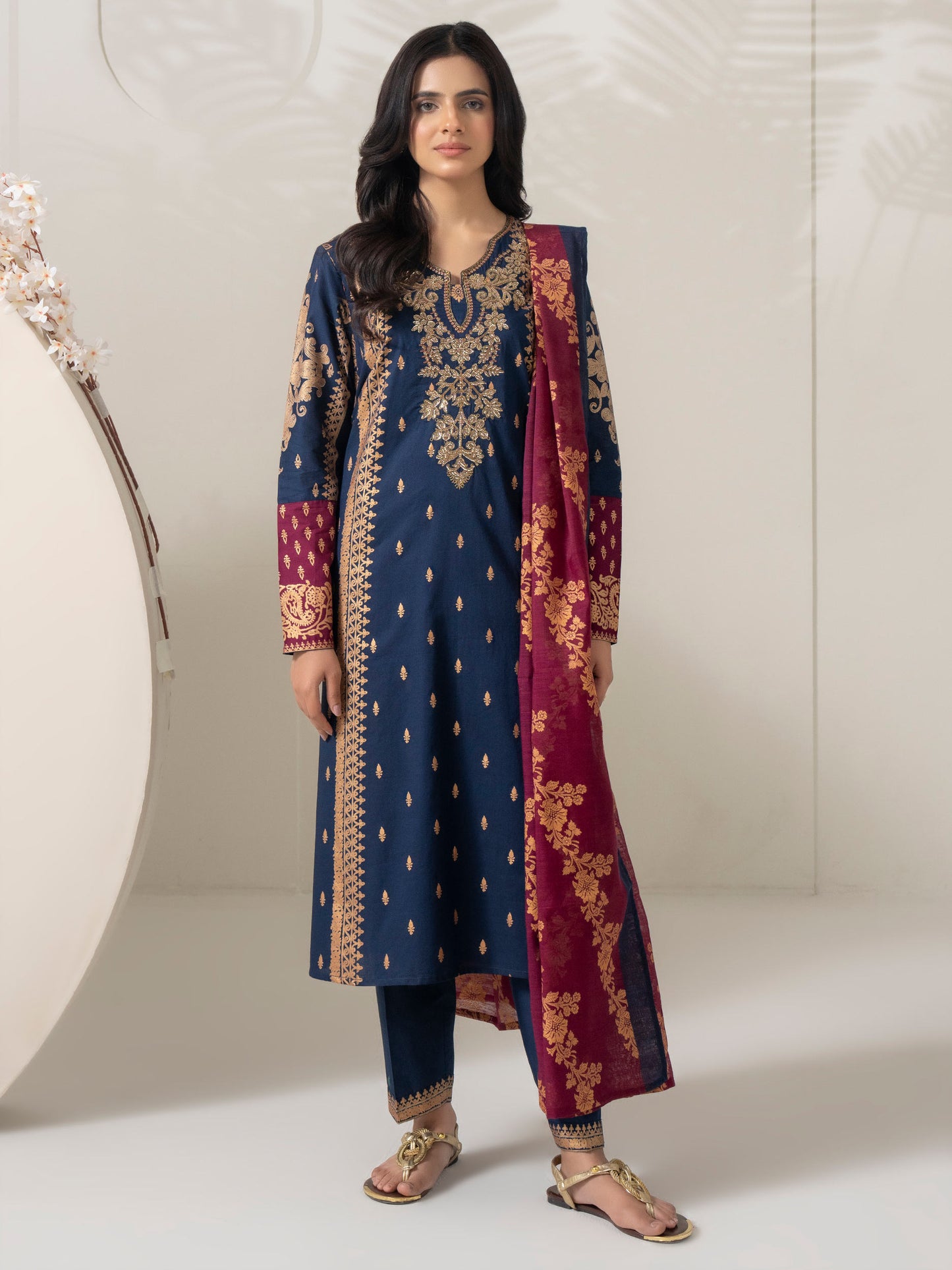 3 Piece Cambric Suit-Embellished (Pret)